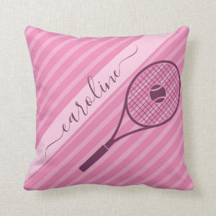 Girly Girl Pink Striped Tennis Racket & Ball Cute  Throw Pillow