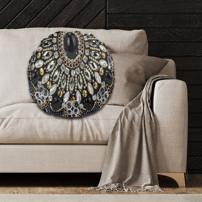girly glam art deco black gold bohemian  round pillow (girly glam art deco black gold bohemian round pillow)