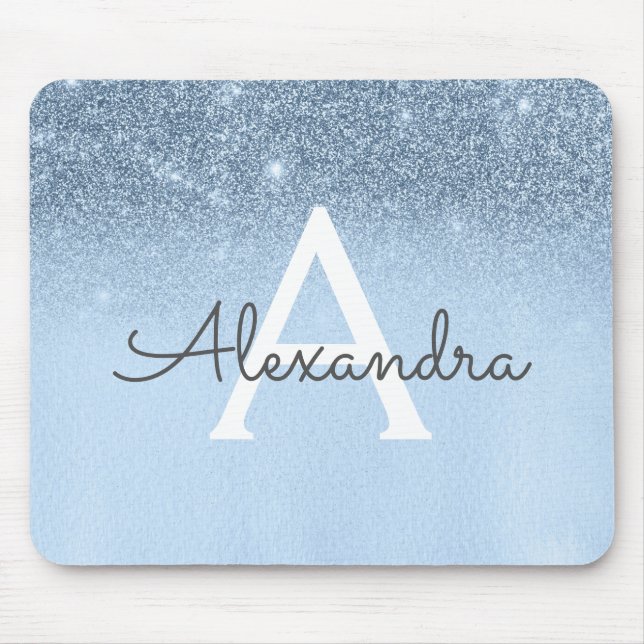Girly Glam Baby Blue Sparkle Glitter Monogram Mouse Pad (Front)