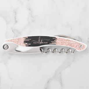 Girly Glam Black Rose Gold Glitter Drips Monogram Corkscrew