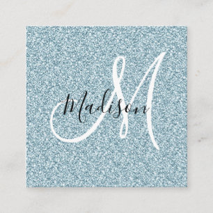Girly & Glam Blue Silver Glitter Sparkle Monogram Square Business Card