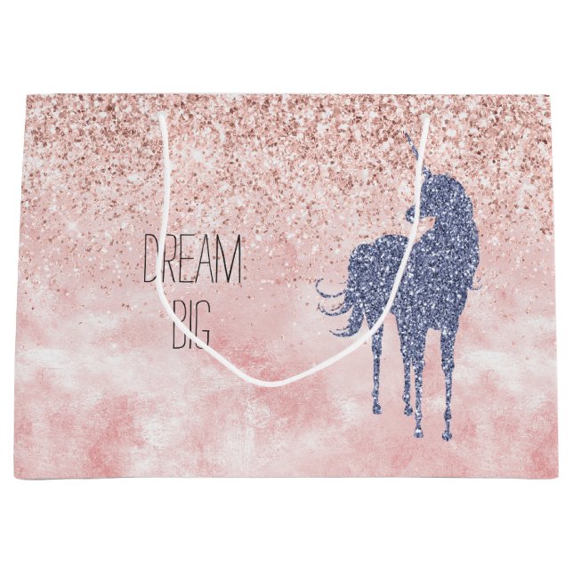Girly Glam Blush Pink Purple Unicorn Glitter Large Gift Bag (Front)