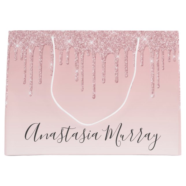 Girly Glam Blush Pink Rose Gold Glitter Drips Name Large Gift Bag (Front)
