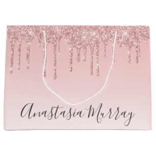 Girly Glam Blush Pink Rose Gold Glitter Drips Name Large Gift Bag