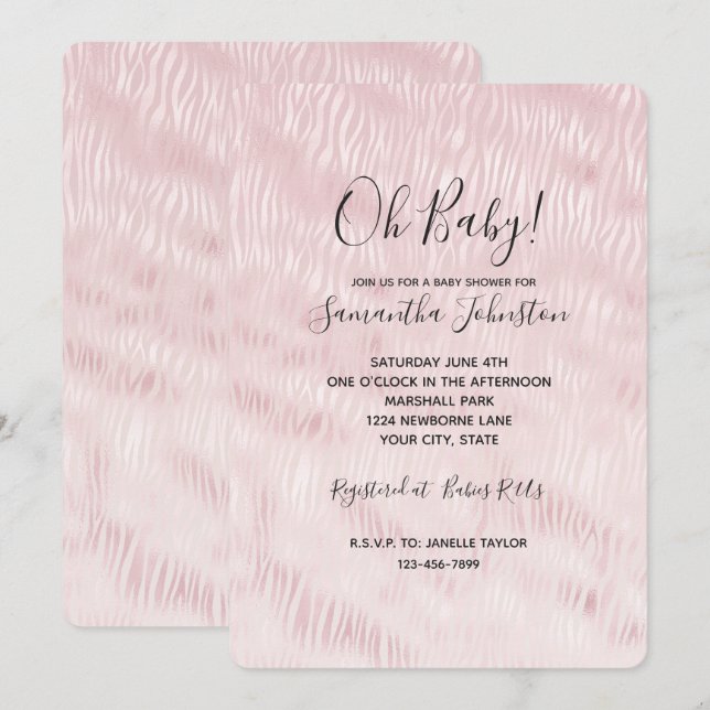 Girly Glam Blush Pink Zebra Print Invitation (Front/Back)