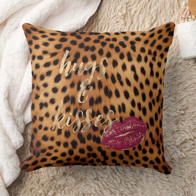 Girly Glam Cheetah Leopard Hugs & Kisses Lips Throw Pillow (Blanket)