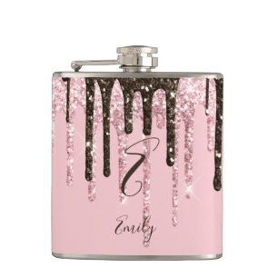 Girly Glam Chic Pink Sparkles Modern Monogram Hip Flask