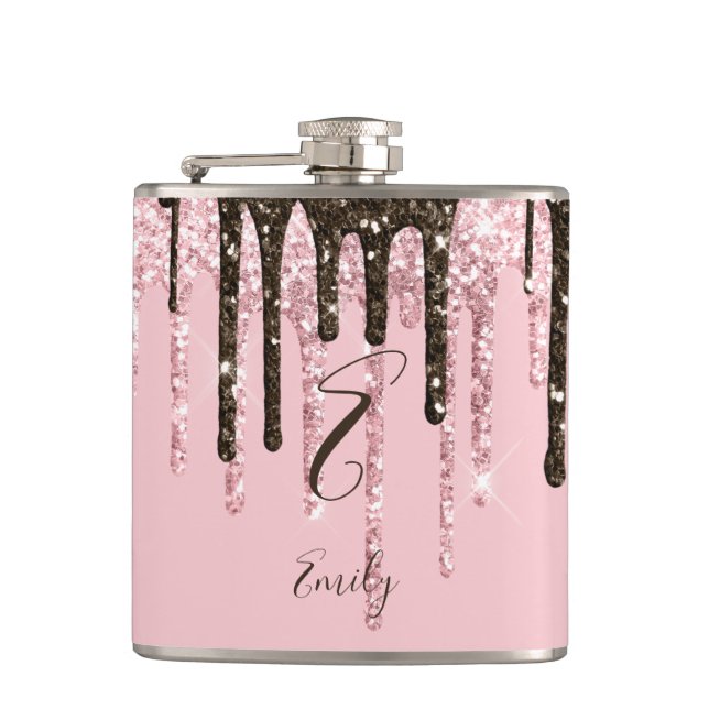 Girly Glam Chic Pink Sparkles Modern Monogram Hip Flask (Front)