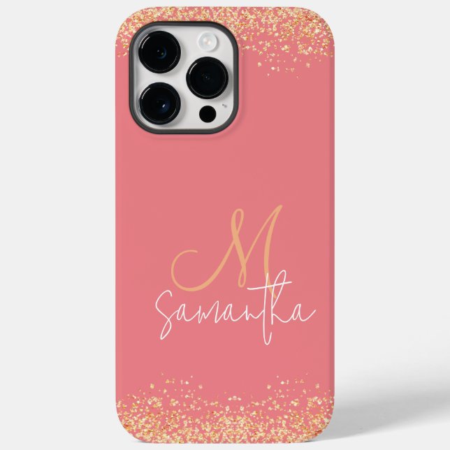 Girly Glam Glittery Pink & Gold Monogram Case-Mate iPhone Case (Back)