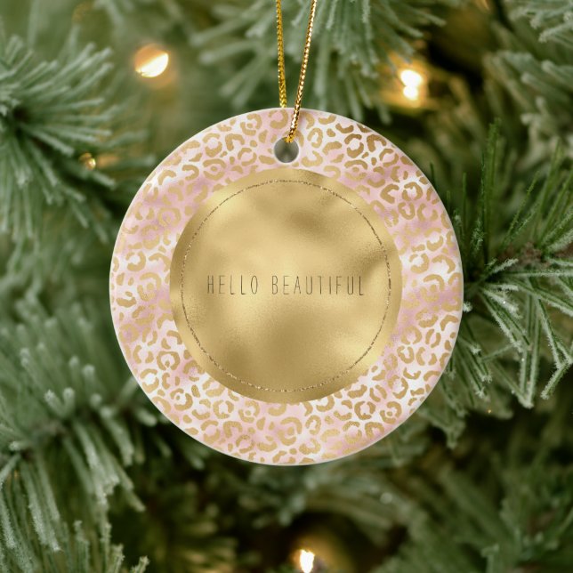 Girly Glam Gold Blush Pink Leopard Print Ceramic Ornament (Tree)