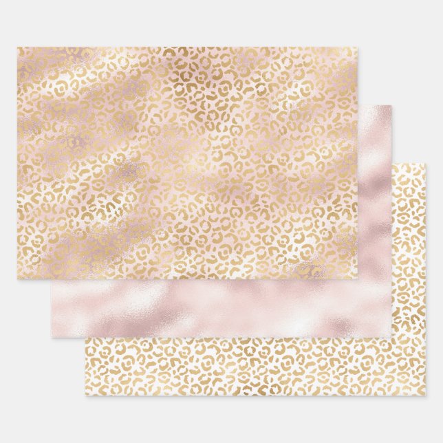 Girly Glam Gold Blush Pink Leopard Print Wrapping Paper Sheet (Set)