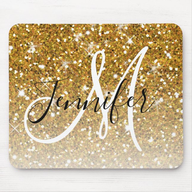 Girly Glam Gold Glitter Sparkles Monogram Name Mouse Pad (Front)