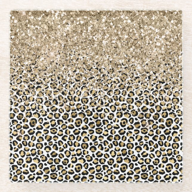 Girly Glam Gold Leopard Print Glitter sparkle Glass Coaster (Front)