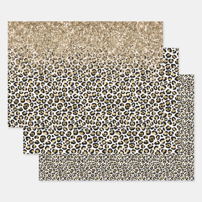 Girly Glam Gold Leopard Print Glitter sparkle Wrapping Paper Sheet (Set)
