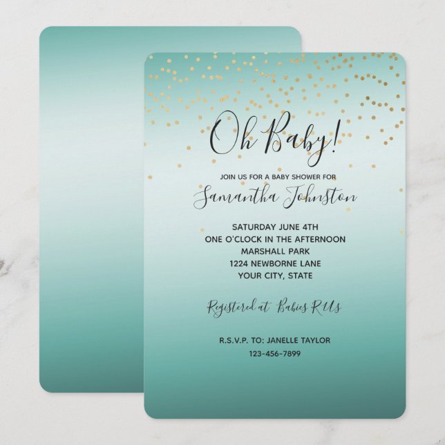 Girly Glam Gold Mini Confetti Mint Ombre Invitation (Front/Back)
