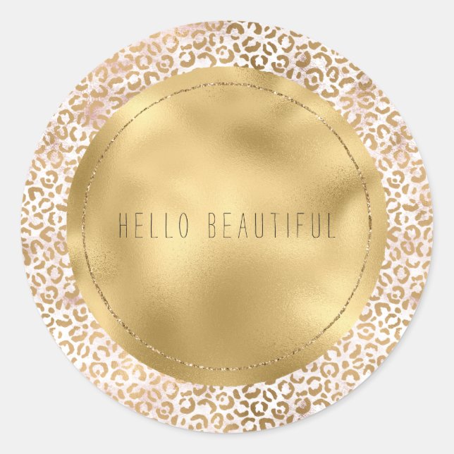 Girly Glam Gold Pink Leopard Print Personalized Classic Round Sticker (Front)