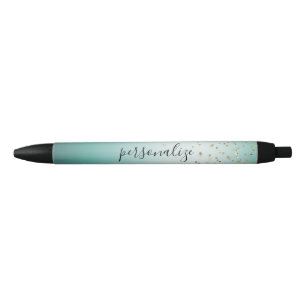 Girly Glam Gold Sparkle Confetti Mint Ombre Black Ink Pen