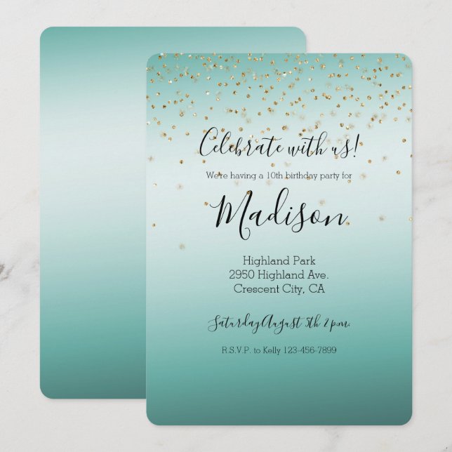 Girly Glam Gold Sparkle Confetti Mint Ombre Invitation (Front/Back)