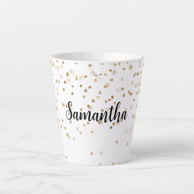 Girly Glam Gold Sparkle Confetti Personalized Latte Mug (Front)