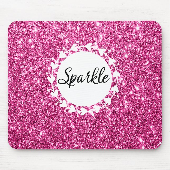 Girly & Glam Hot Pink Glitter Sparkle White Hearts Mouse Pad (Front)