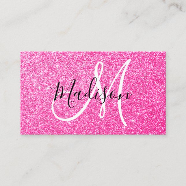 Girly & Glam Hot Pink Glitter Sparkles Monogram Business Card (Front)