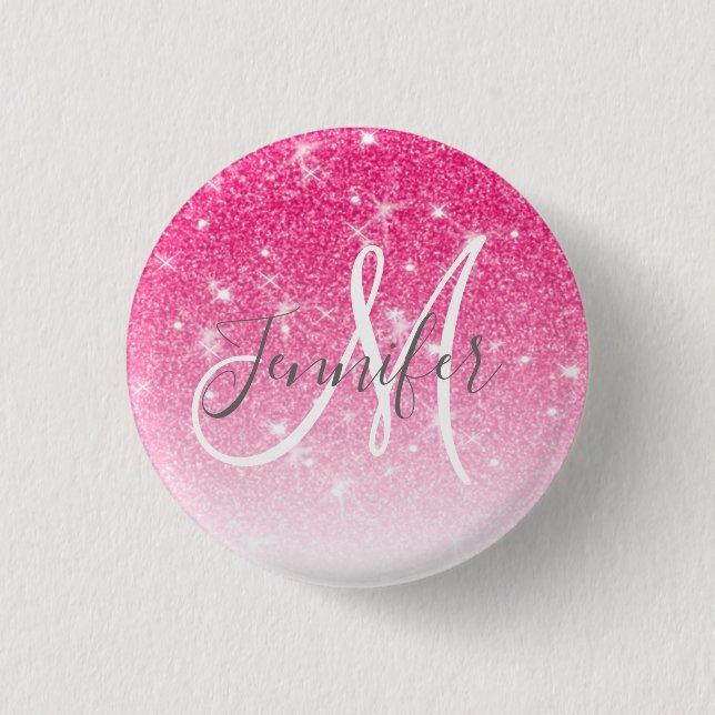 Girly Glam Hot Pink Glitter Sparkles Monogram Name 1 Inch Round Button (Front)