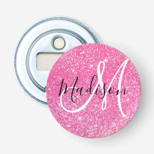 Girly Glam Hot Pink Glitter Sparkles Monogram Name Bottle Opener