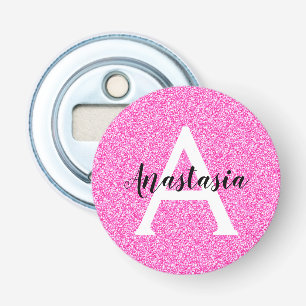 Girly Glam Hot Pink Glitter Sparkles Monogram Name Bottle Opener