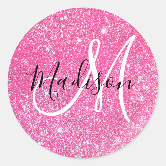 Girly Glam Hot Pink Glitter Sparkles Monogram Name Classic Round Sticker (Front)