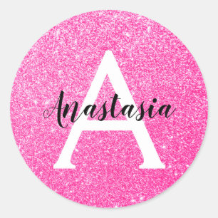 Girly Glam Hot Pink Glitter Sparkles Monogram Name Classic Round Sticker