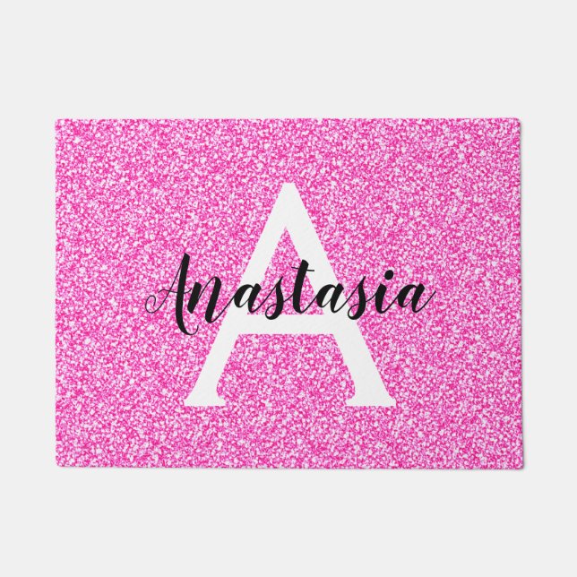 Girly Glam Hot Pink Glitter Sparkles Monogram Name Doormat (Front)