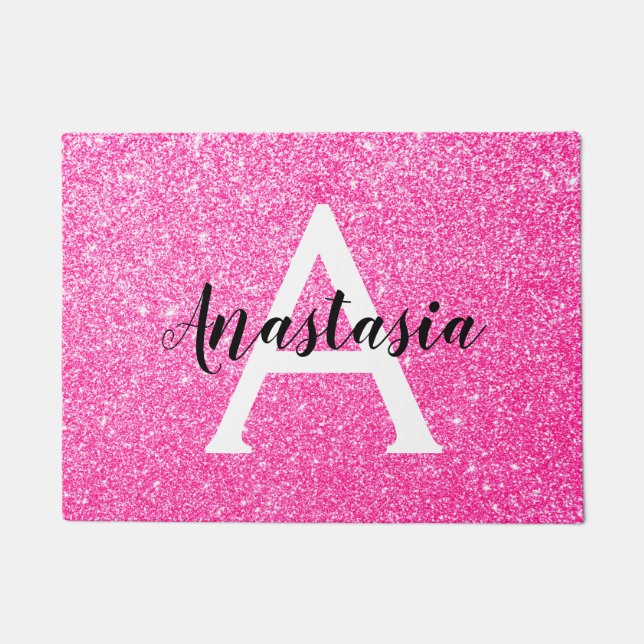 Girly Glam Hot Pink Glitter Sparkles Monogram Name Doormat (Front)