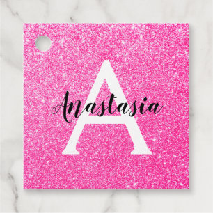 Girly Glam Hot Pink Glitter Sparkles Monogram Name Favour Tags