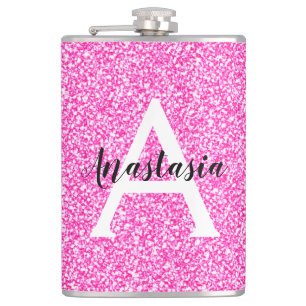 Girly Glam Hot Pink Glitter Sparkles Monogram Name Hip Flask
