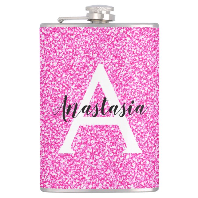 Girly Glam Hot Pink Glitter Sparkles Monogram Name Hip Flask (Front)