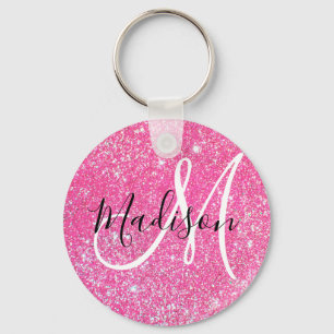 Girly Glam Hot Pink Glitter Sparkles Monogram Name Keychain