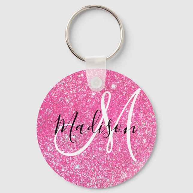Girly Glam Hot Pink Glitter Sparkles Monogram Name Keychain (Front)