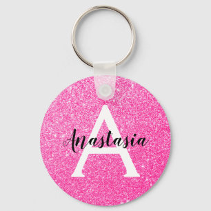 Girly Glam Hot Pink Glitter Sparkles Monogram Name Keychain