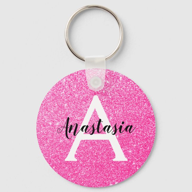 Girly Glam Hot Pink Glitter Sparkles Monogram Name Keychain (Front)