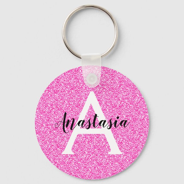 Girly Glam Hot Pink Glitter Sparkles Monogram Name Keychain (Front)