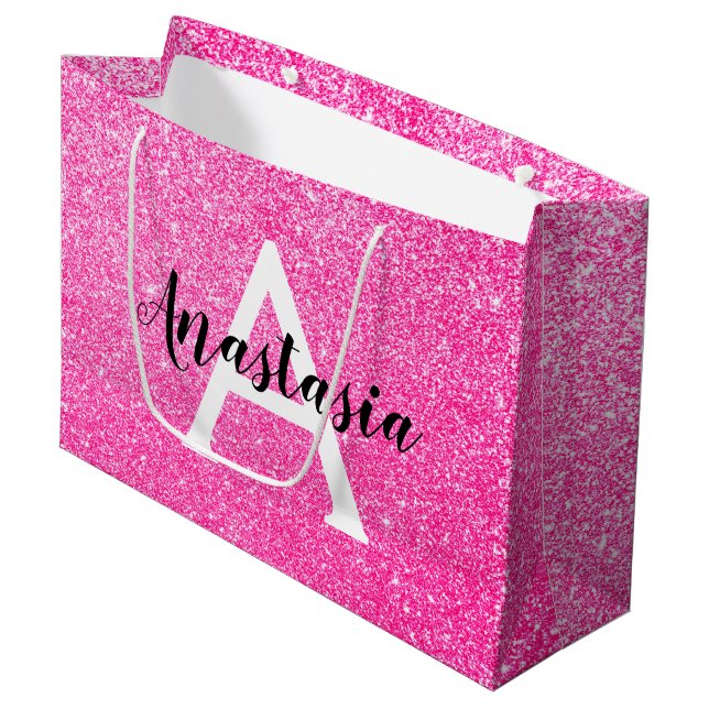 Girly Glam Hot Pink Glitter Sparkles Monogram Name Large Gift Bag (Front Angled)