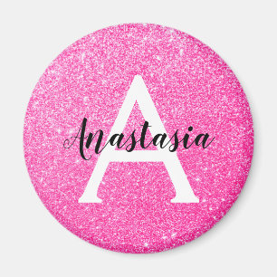 Girly Glam Hot Pink Glitter Sparkles Monogram Name Magnet