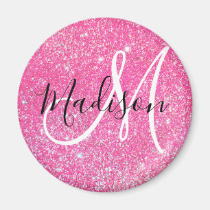 Girly Glam Hot Pink Glitter Sparkles Monogram Name Magnet