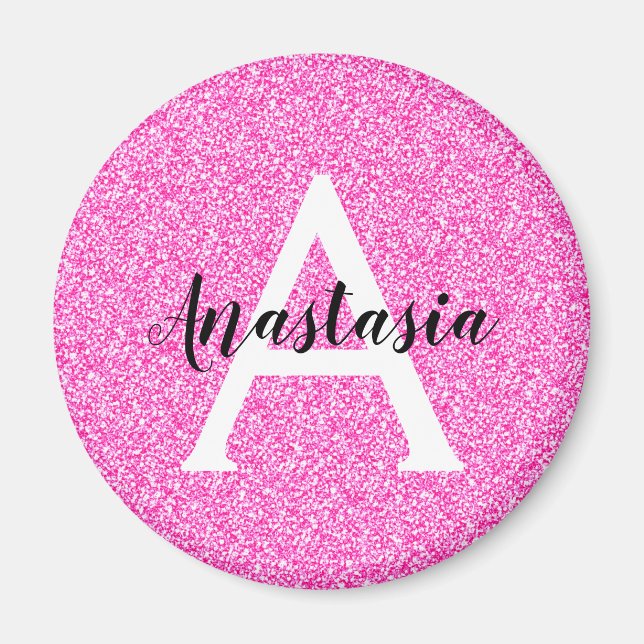 Girly Glam Hot Pink Glitter Sparkles Monogram Name Magnet (Front)