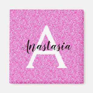 Girly Glam Hot Pink Glitter Sparkles Monogram Name Magnet