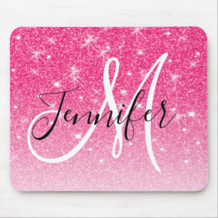 Girly Glam Hot Pink Glitter Sparkles Monogram Name Mouse Pad