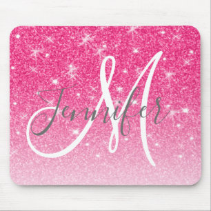 Girly Glam Hot Pink Glitter Sparkles Monogram Name Mouse Pad