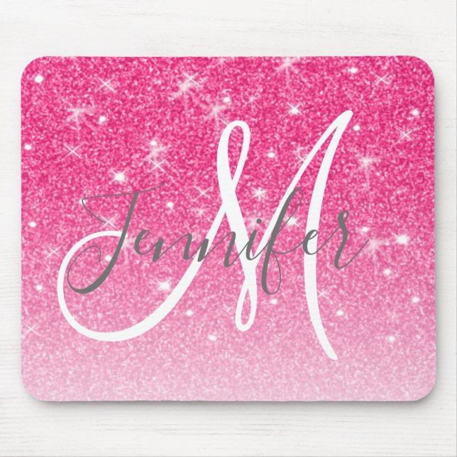 Girly Glam Hot Pink Glitter Sparkles Monogram Name Mouse Pad (Front)