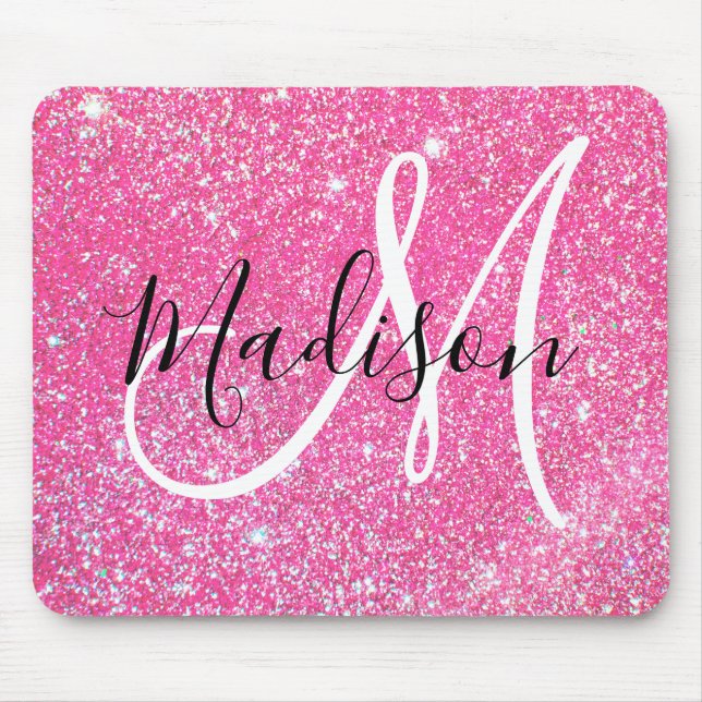 Girly Glam Hot Pink Glitter Sparkles Monogram Name Mouse Pad (Front)