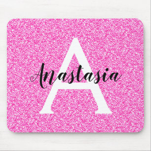 Girly Glam Hot Pink Glitter Sparkles Monogram Name Mouse Pad